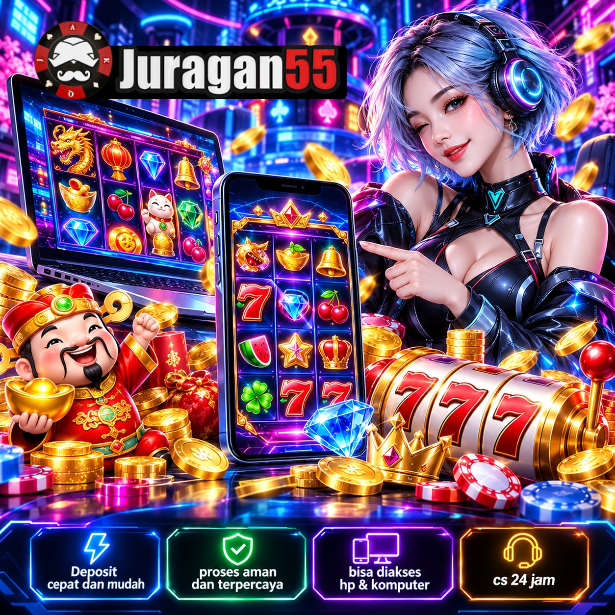 Ilustrasi utama JURAGAN55 dengan tema neon biru, magenta, serta karakter digital